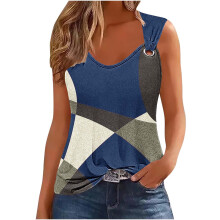 Sommer-singlet for kvinner, dametopp med fargeblokktrykk, metallstrømper, spaghettistropper, ermeløs rund hals, størrelse S-2XL