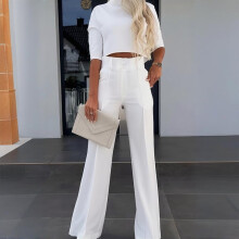 Top elegant pentru femei, culoare uni, cu mânecă jumătate, scurt, cu pantaloni drepți, set de 2 piese, cu buzunare, alb, S