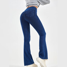 Pantalones vaqueros acampanados para mujer, elásticos, con cintura alta cruzada, control de abdomen, corte bota, con bolsillos, azul oscuro, talla L.