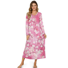 Camisola feminina de manga comprida, macia, com botões parciais, comprimento até o tornozelo, tamanho P, estampa floral branca e rosa.