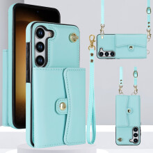RFID-Blocking Crossbody Wallet Case for Samsung S22 – Blue Leather Phone Purse with Strap, Lanyard & Magnetic Flip Cover