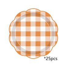 Fall Harvest Gingham Paper Plates, 7" Disposable Autumn Tableware, Orange & White Plaid, Compatible with Thanksgiving, BBQ, Picnic