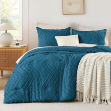 Teal Boho Queen Comforter Set Tufted Chevron 3-Piece
