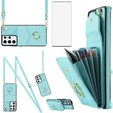 Galaxy S21 Ultra 5G Phone Case with Wallet, Tempered Glass, Wrist Strap, RFID-Blocking Card Holder – Compatible with S21 Ultra