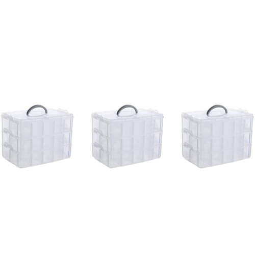3X Arts, Crafts and Jewelry Organizer, Stackable 3-Tier Clear Plastic Organizer with 30 Adjustable Compartments