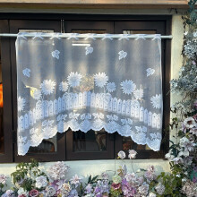 White lace arched sheer curtain with floral embroidery, rod