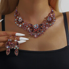 Rhinestone Crystal Bridal Floral Wave Teardrop Necklace Earrings Set