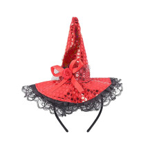 Witch Hat Headband for Halloween Costume, Elegant Lace & Sequins Hair Accessory, Bow Headband with Plume for Women (Purple, Red, Black, Orange, Gold)