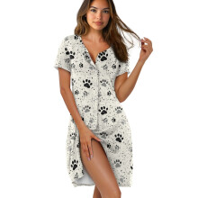 Women's Short Sleeve Button-up Nightgown, Soft Paw Print Sleepwear, Above Knee, Comfy Loungewear, 3XL, Compatible with Home & Bedtime Use