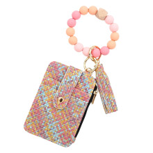Boho Wristlet Wallet with Beaded Tassel Keychain, Snap Closure, Pink & Orange – Compatible with Credit Cards