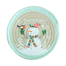 Christmas Round Insulated Placemat Cotton Rope Braided Plate Mat Elk Snowman Pattern Decoration Non Slip for Dining Table Holiday Party Decoration