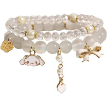Braccialetto elastico beige con perline di cristallo a tema cartoni animati per ragazze e donne – Design con cane di giada, confezione da 2