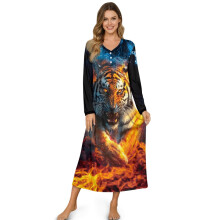 Women's Long Sleeve Nightgown, Soft Lightweight Sleep Dress with Tiger Water Fire Pattern – Compatible with All Standard Beds