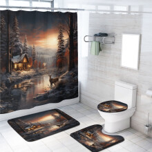 Rustieke douchegordijnset met hertenmotief, inclusief vloerkleden, Moose Country Farmhouse winterbos design, toiletbrilhoes en badmat, 72x72 inch.