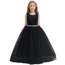 Flower Girls Satin Pageant Dress O-Neck Solid Color Sleeveless For Wedding Kids Pearls Prom Gowns With Bow Knot Birthday Toddler Child Sundress