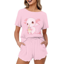 Rosa Axolotl-pyjamasset för kvinnor i plusstorlek (3x large), kortärmad topp och byxor, 7-delat mjukt loungeset med fickor – kompatibelt med