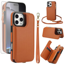 Wallet Case with Zipper, RFID Blocking, Crossbody Strap and Screen Protector for Women Brown for iPhone 16 Pro Max