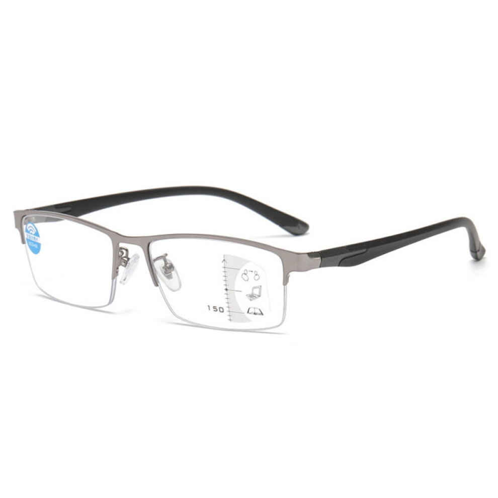 Gray Men Gunmetal Frame Progressive Reading Glasses 3.00, Metal Rectangle Half Rimless Business Multifocus Readers +3.00 Strength (Not Photochromic)