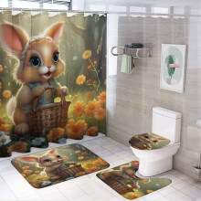4-Pc Easter Shower Set: Bunny & Flowers Design, Rug, Lid Cover, Bath Mat, 12 Hooks – 72"x72", Compatible with Standard Rods