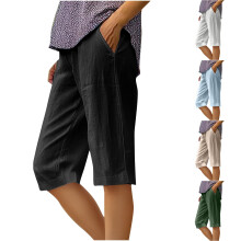 Pantaloni scurți Bermuda din bumbac și in pentru femei, cu șnur în talie