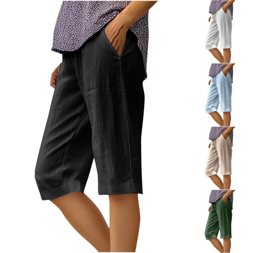 Bermudashorts i bomull og lin med snøring i midjen til dame