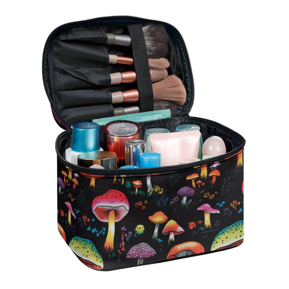 Colorful Mushroom Pattern Travel Cosmetic Makeup Bag with Brush Slots Polyester With Zipper & Handle Handle