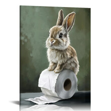 Rustic Wooden Rabbit Toilet Paper Roll Canvas Prints Wall Art, Playful Bunny Wall Decor with Frame for Bathroom, Cafe & Store