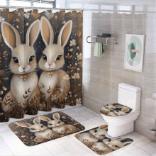 4-Pc Easter Shower Curtain Set with Waterproof Curtain & Rugs – Bunnies, Hearts, Leaves – Compatible with Standard Showers