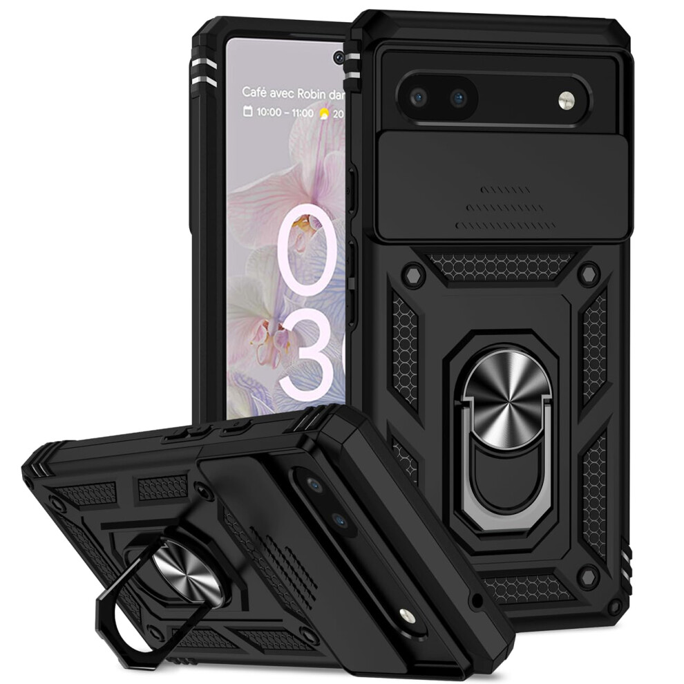 Case For Google Pixel 6A With Slide Camera Cover, Magnetic 360 Ring Kickstand Shockproof Protective Cover Black 9771547566021
