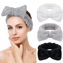 Spa Headband, 3 Pack Bow Hair Band Women Facial Makeup Head Band Soft Coral Fleece Head Wraps For Shower Washing Face (Black+Gray+White)