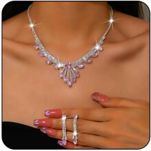 Rhinestone Necklace & Earrings Set for Women – Sparkling Silver Crystal Prom, Bridal & Wedding Jewelry, Compatible with Prom