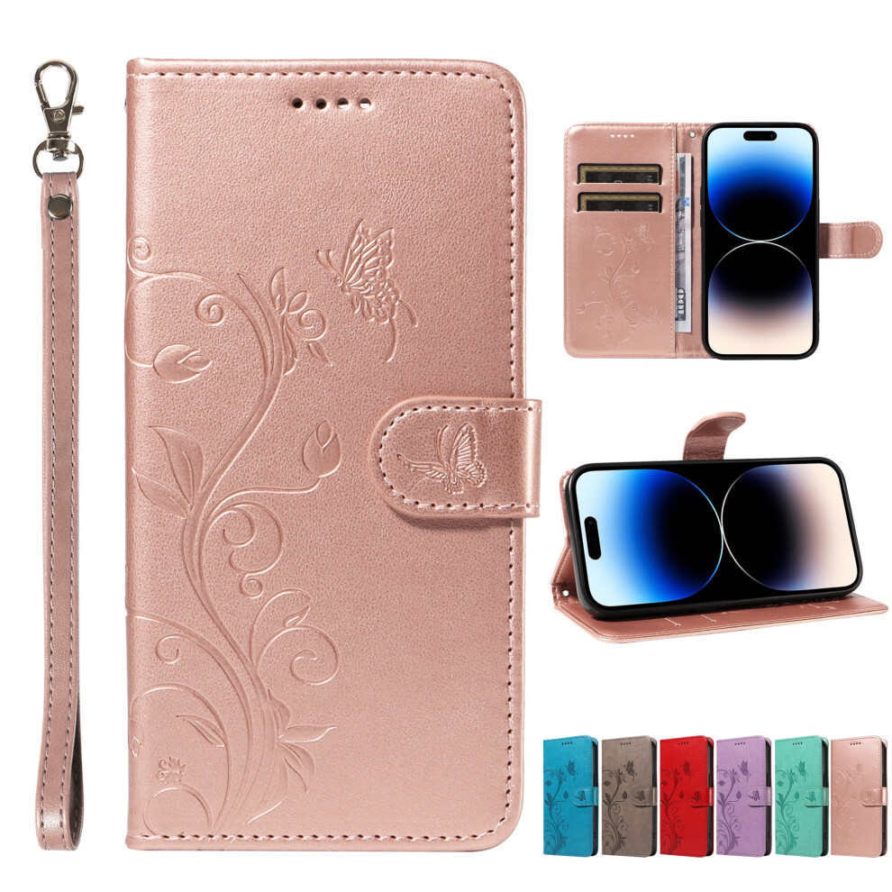 Butterfly Embossed Pu Leather Wallet Case With Kickstand & Wrist Strap For Compatible With Iphone Xs/X, Rose Gold 9028731587516