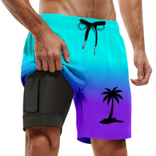 Heren 2-in-2 hardloopshorts, strandshorts, sneldrogende sportshorts met binnenbroekje, zomerse Hawaiiaanse print, trainingsshorts met trekkoord en