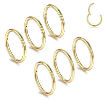 Sett med gullhengslede neseringer – 6 stk. ringer i rustfritt stål (6/8/10 mm) for nese, septum, helix, tragus – kompatibel med sensitiv hud