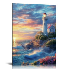 Sunset Seaside Lighthouse Canvas Wall Art – 12x16in, for Living Room, Bathroom, Bedroom, Office Decor