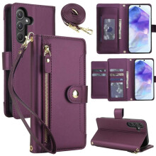 Compatible with Samsung Galaxy S22+ 5G RFID-blocking wallet case—shockproof, multi-card slots, zipper pocket, detachable shoulder/wrist straps, dark