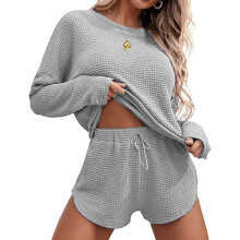 Women's Grey Knit Lounge Set Top and Shorts