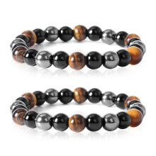 Beads Bracelet Triple Protection, 2 Pack 8 mm Tigers Eye Bracelet Hematite Beads & Black Obsidian Balance Bracelet