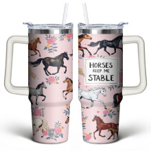 Pinkfarbener Aquarell-Pferd-Becher, 887 ml (30 oz), doppelwandig, vakuumisoliert, aus Edelstahl, mit Griffdeckel und Strohhalm – kompatibel mit den