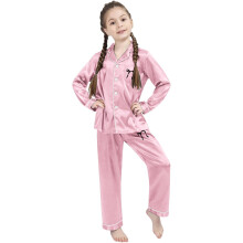 Zweiteiliges Set für Mädchen mit langen Ärmeln und Hose, bestehend aus einem Hemd mit Schleifenmuster aus Seidensatin und Kragen sowie einer Bluse
