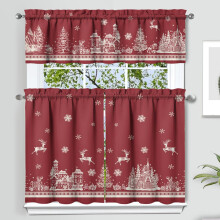 Christmas Kitchen Curtains & Valances Set of 3, Red Elk & Snowflake Design, 36" Short Curtains for Kitchen, Bedroom, Holiday Decor