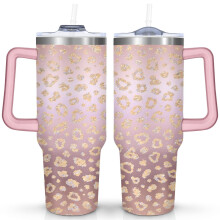 Roze drinkbeker met luipaardprint (1,2 liter), vacuümgeïsoleerd, met handvat, deksel en rietje – geschikt voor de meeste bekerhouders.