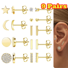 9 Pairs Stainless Steel Stud Earrings for Women, Gold Star Moon Bar CZ Stud Earring Set, Cute and Hypoallergenic