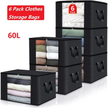 6-Pack 60L Foldable Storage Bags with Clear Window & Lid – Compatible with Closet Organizers for Clothes, Blankets, Toys, Pillows