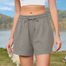 Pantaloncini da corsa da donna in lino, vita elasticizzata, gamba larga, coulisse comoda, pantaloni estivi comodi per il relax, misto cotone, grigio,