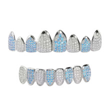 Metal Mouth Grillz with Blue and White Zircon Stones for