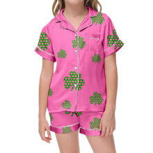 Girls 2 Piece Outfits Silk Satin Kids Comfortable Clover Print Home Clothes Set Short Sleeve Top And Shorts 2-13Y Soft Outfit