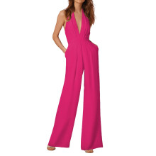 Tuta intera da donna senza maniche con scollo a V profondo e schiena scoperta, ideale per l'estate – Colore bordeaux, taglia XL, adatta a tutte le