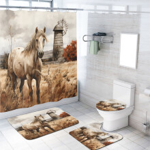 Western Horse Shower Curtain Set (4pc) with Rug, Toilet Cover & Bath Mat, 72x72", Waterproof, 12 Hooks, Rustic Farmhouse Style