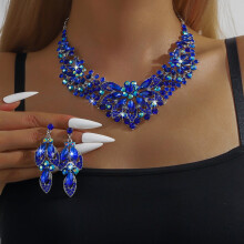 Rhinestone Crystal Bridal Floral Wave Teardrop Necklace Earrings Set
